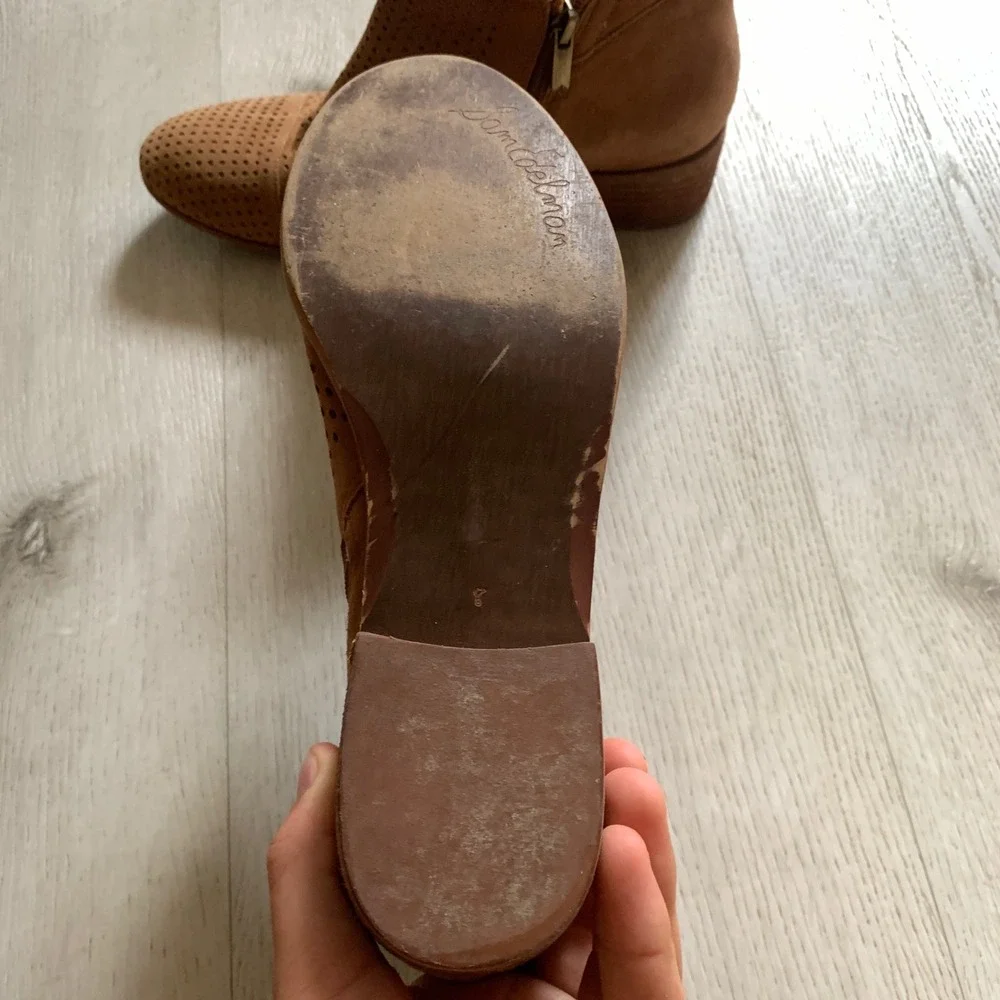 Sam Edelman Womens Cognac Brown Suede Perforated Ankle Booties Block Heel Size 8